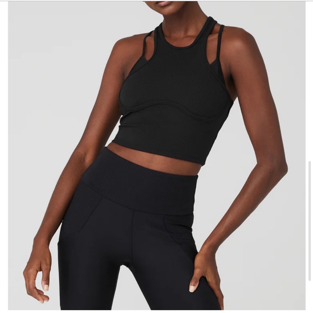 Alo Yoga Ribbed Airlift Enchanted Cropped Bra Tank Black